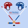 Ice hockey poster in flat design with puck helmet and stick
