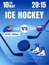 Ice Hockey poster vector illustration. USA with Slovakia game flyer. Countries flags icons with pucks. Men`s Hockey