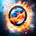 Ice Hockey Puck Exploding by Elements - Fire and Water Background for Sports Tournament Poster or Playbill