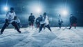 Ice Hockey Rink Arena: Successful Pass for Forward Player who Does Slapshot, Shots Puck with Stick Royalty Free Stock Photo