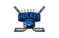 Ice hockey school logo, emblem. Colorful emblem of the puck and sticks on the background of the shield. Logo template