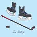 Ice hockey skates, stick and puck, hand drawn doodle sketch with inscription, isolated vector illustration Royalty Free Stock Photo