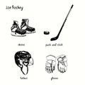 Ice hockey skates, stick and puck, helmet, gloves. Ink black and white doodle drawing Royalty Free Stock Photo