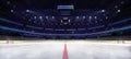 Ice hockey stadium interior middle rink view illuminated by spotlights