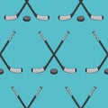 Ice Hockey stick with puck seamless pattern. Sports Vector illustration isolated on blue background. Ice hockey sports Royalty Free Stock Photo