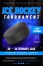 Ice hockey tournament poster template with puck and sample text