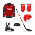 Ice hockey uniform professional outfit and accessories set realistic vector illustration