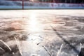 Ice on the ice of a frozen sports arena. Winter background, Close up of ice in hockey rink, AI Generated