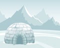 Ice igloo in the field against the mountains. Winter Northern landscape. The life of the Inuit