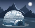 Ice igloo in the field against the mountains. Winter Northern landscape in the night. The life of the Inuit