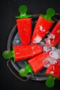 Ice juice and ice in a plate. Healthy summer food concept with copy space