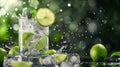 Ice lime drink can. Lime fruit, water splash, tea leaves and ice cubes creating . Generative Ai Royalty Free Stock Photo