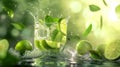 Ice lime drink can. Lime fruit, water splash, tea leaves and ice cubes creating . Generative Ai Royalty Free Stock Photo