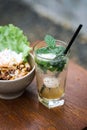 Ice Lychee with mint and a ricebowl with teriyaki beef Royalty Free Stock Photo