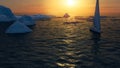 Ice melting, climate change. Sailboat sailing in the Antarctic Ocean. Arctic sea, drifting iceberg Royalty Free Stock Photo