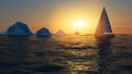 Ice melting, climate change. Sailboat sailing in the Antarctic Ocean. Arctic sea, drifting iceberg Royalty Free Stock Photo