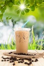 Ice milk coffee sweet drink on wooden table Royalty Free Stock Photo