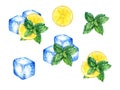 Ice, mint and lemon on white background. Watercolor hand drawn illustration Royalty Free Stock Photo
