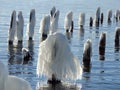 Wave ice covering old pier in Fingerlakes Royalty Free Stock Photo