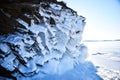 Ice over rocks wall on Baikal lake at winter. Ice over the rocks. Royalty Free Stock Photo