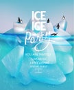 Ice party banner with ice rock pieces and penguins.