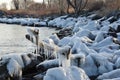 Ice patterns along rocky shore Royalty Free Stock Photo