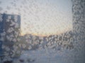 Ice patterns on the window. Beautiful curls and crystals on glass. Outside the window there is a blue winter sky, snow and a city