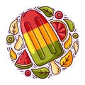 Ice pop with watermelon, citrus, mint, berries, drops. Round doodle illustration