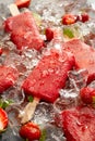 Ice popsicles. Strawberry ice pops, delicious and healthy homemade dessert Royalty Free Stock Photo