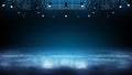Ice. Realistic ice and snow on dark background. Bright flood lights around the winter skating rink. Scene background