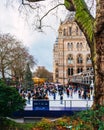 London, UK/Europe; 21/12/2019: Ice rink and Christmas tree at Natural History Museum in London. People enjoying ice skating at