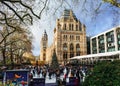 London, UK/Europe; 21/12/2019: Ice rink and Christmas tree at Natural History Museum in London. People enjoying ice skating at