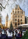 London, UK/Europe; 21/12/2019: Ice rink and Christmas tree at Natural History Museum in London. People enjoying ice skating at