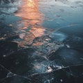 The ice on the river at sunset. Beautiful winter landscape. Toned.