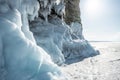 Ice rock on the frozen winter lake on the island of Olkhon. Beautiful nature of Siberia