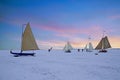 Ice sailing on the Gouwzee in the Netherlands at sunset Royalty Free Stock Photo