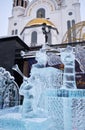 Ice sculpture Angels Trumpeting at the Christmas Festival. Yekaterinburg. Russia