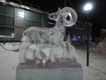 Ice sculpture - Aries, zodiac sign, back lit, cold winter, in the polar city of Norilsk, on a polar night, the most northern city 