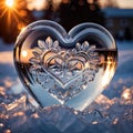 Ice sculpture in shape of heart, frozen, cold, a romantic symbol to celebrate romance, love and Valentine\'s day