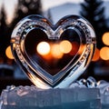 Ice sculpture in shape of heart, frozen, cold, a romantic symbol to celebrate romance, love and Valentine\'s day