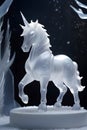 ice sculpture in the shape of a unicorn with iridescent horn