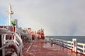 Ice of the ship and ship structures after swimming in frosty weather during a storm in the Pacific Ocean.