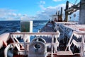 Ice of the ship and ship structures after swimming in frosty weather during a storm in the Pacific Ocean.