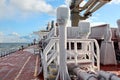 Ice of the ship and ship structures after swimming in frosty weather during a storm in the Pacific Ocean.