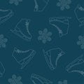 Ice skate seamless pattern. Figure skates and snowflakes on blue background. Line art