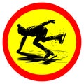 Ice skater slipping and falling warning sign red yellow