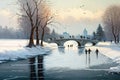 Ice skaters and skiers on a frozen lake. Icy winter river with a bridge. Old fashioned oil watercolor painting.