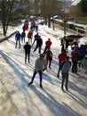 Ice skaters in winter landscape in snowy Holland Royalty Free Stock Photo