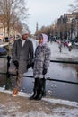 Ice skating on the canals in Amsterdam the Netherlands in winter, frozen canals in Amsterdam during winter Royalty Free Stock Photo