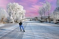 Ice skating in the countryside from the Netherlands at sunset Royalty Free Stock Photo